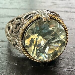 Faye Fon Sterling Silver 14K Gold Elaborate Bold 4.35 ct Green Quartz Ring Sz 8
